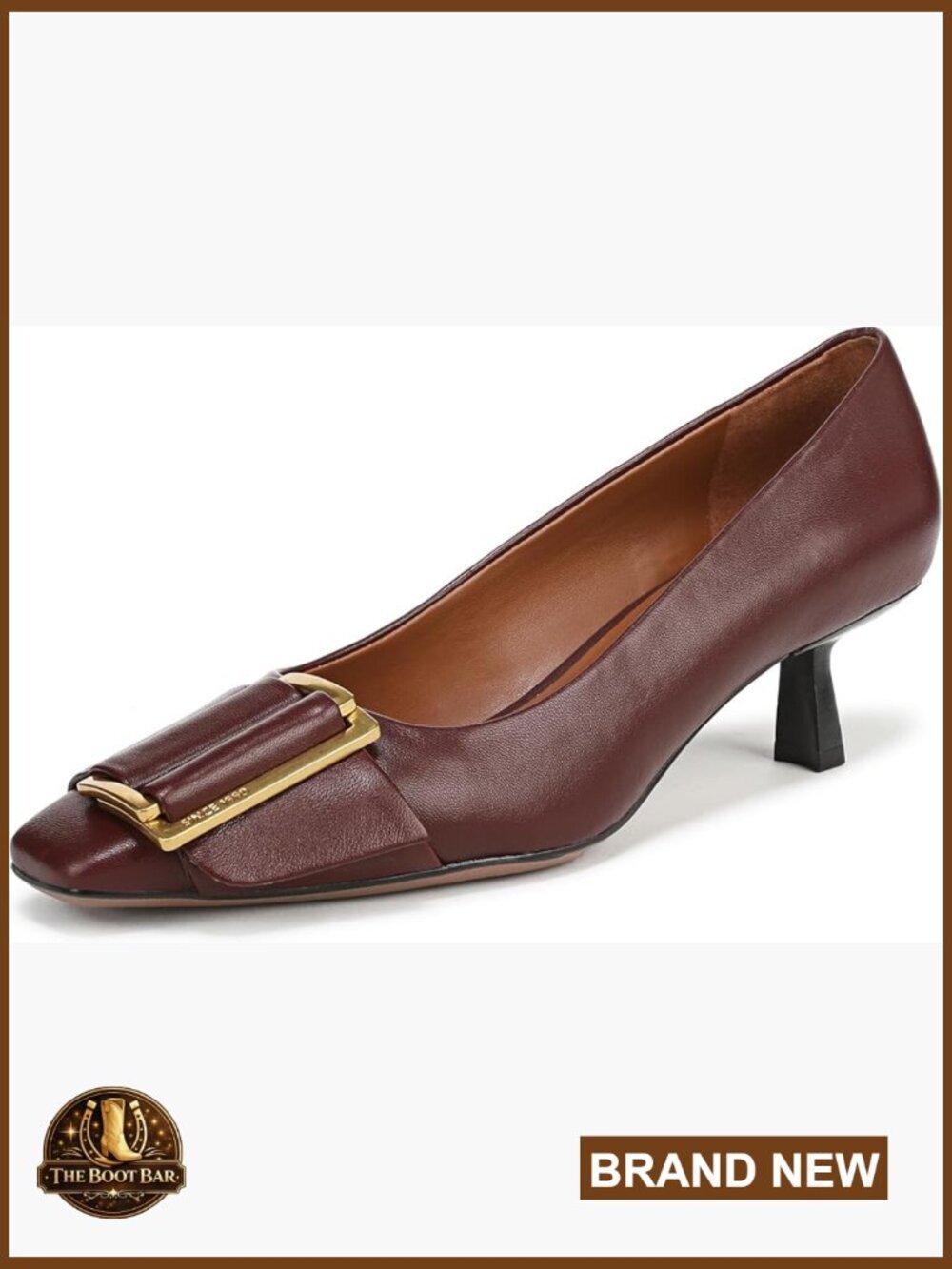 Leather or suede pump with slip-on fit, flare heel, square toe, 1.9" heel, low